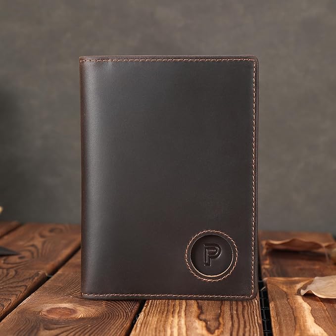 Polare Slim RFID Blocking Leather Passport Holder Travel Bifold Wallet For Men (Dark Brown with AirTag Holder)
