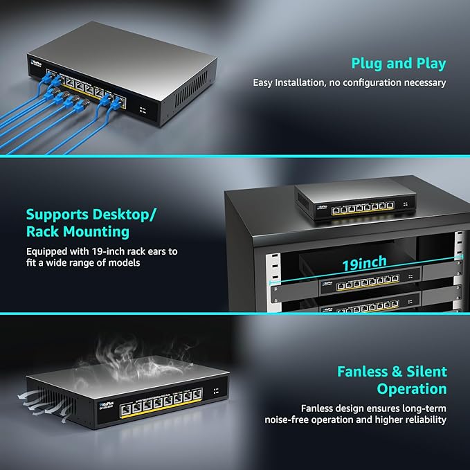 8 Ports 5Gb Unmanaged Ethernet Switch with 8*5G Base-T Ports. GiGaPlus 5Gbps Network Switch for 5Gbe NAS/PC, 5Gbps Adapter/NIC, WiFi7 Router, Desktop/19-inch Rack Mount