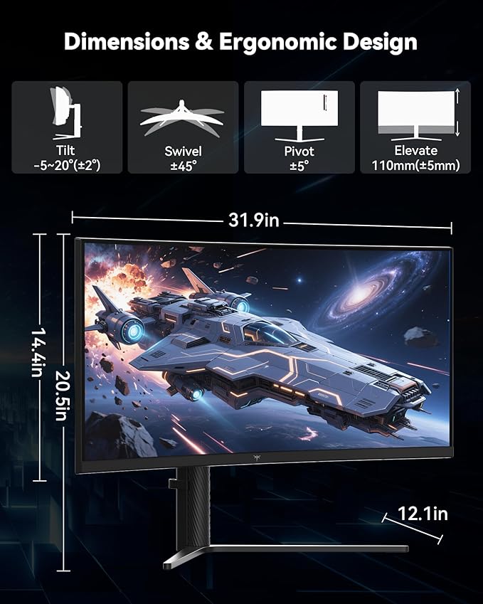 KTC 34 Inch UWQHD Curved Gaming Monitor, 3440x1440 Ultrawide PC Monitor 1500R, 180Hz 21:9 Display, Adaptive Sync, 1ms MPRT, 4000:1 Contrast, Tilt/Swivel/Pivot/Height Adjustment, HDMI2.0 & DP1.4,H34S5