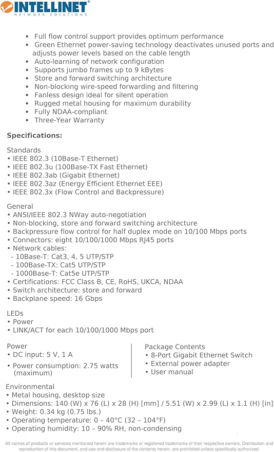 Intellinet 8-Port Gigabit Ethernet Network Switch - Ethernet Splitter - Unmanaged | Plug & Plug | Fanless Metal Housing - for Computer Networking Hub, Desktop – 3 Year Warranty – 530347
