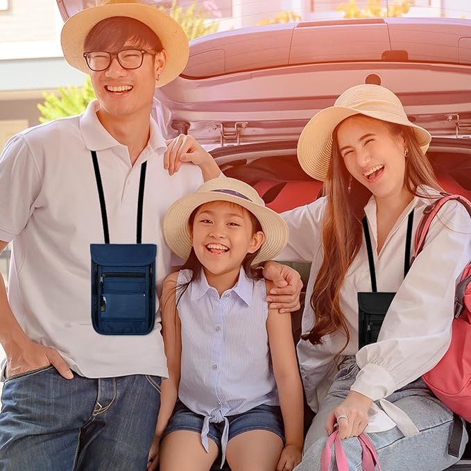 sundee Travel Neck Wallet with Double Zippers, RFID Blocking Passport Holder with Adjustable Neck Strap for Men and Women to Keep Cash, Credit Cards and Travel Documents Safe - Navy Blue