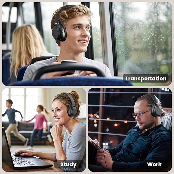 Riibox Y7Pro Hybrid Active Noise Cancelling Headphones, LDAC Hi-Res Audio, 75H Playtime, Deep Bass, Comfort Fit & Foldable Wireless Over-Ear Bluetooth Headphones for Home Office Travel – Black