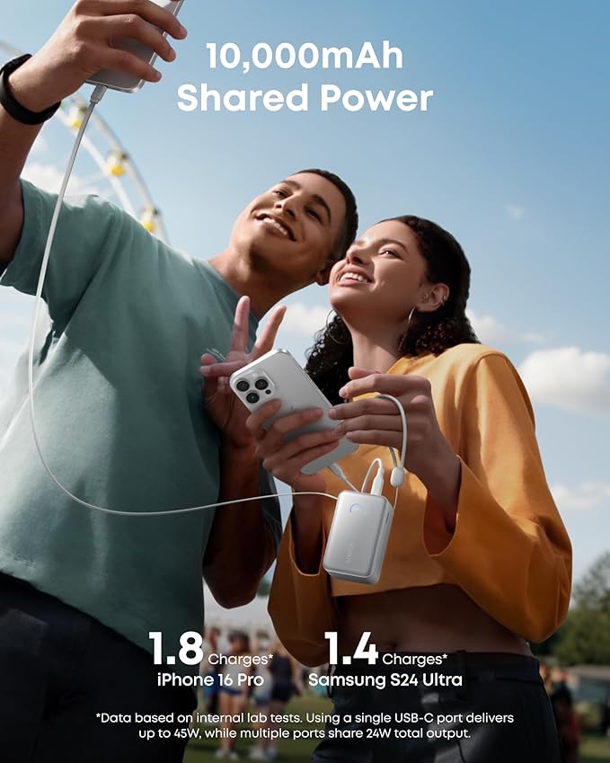 Anker Nano Portable Charger, 10,000mAh 45W Max Compact Power Bank, Travel Essential Phone Battery Pack with 2.3 ft InstaCord Retractable Cable for iPhone 17/16 Series, iPad, Galaxy, Pixel, and More