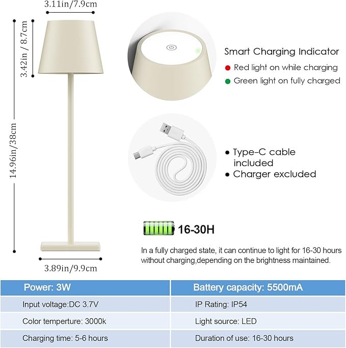 2-Pack LED Cordless Table Lamp, Rechargeable Battery Desk lamp 3W 5500mAh Battery Operated Stepless Dimming Modern Portable Table Light for Restaurant/Bedroom/Outdoor IP54 Waterproof (Off White)