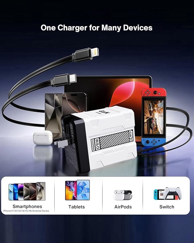 W&O 45W GaN Charger Fast Charging,Retractable Phone Charger Wall Plug with Lightening and Type-C Cables,for iPhone16/15/14/13/12/11 Series, Galaxy S25 24,Android and More (White)