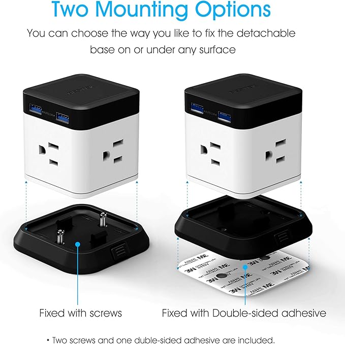 BESTEK Vertical Cube Power Strip with Mountable Detachable Base 5' Extension Cord (MRJ3006-BK)