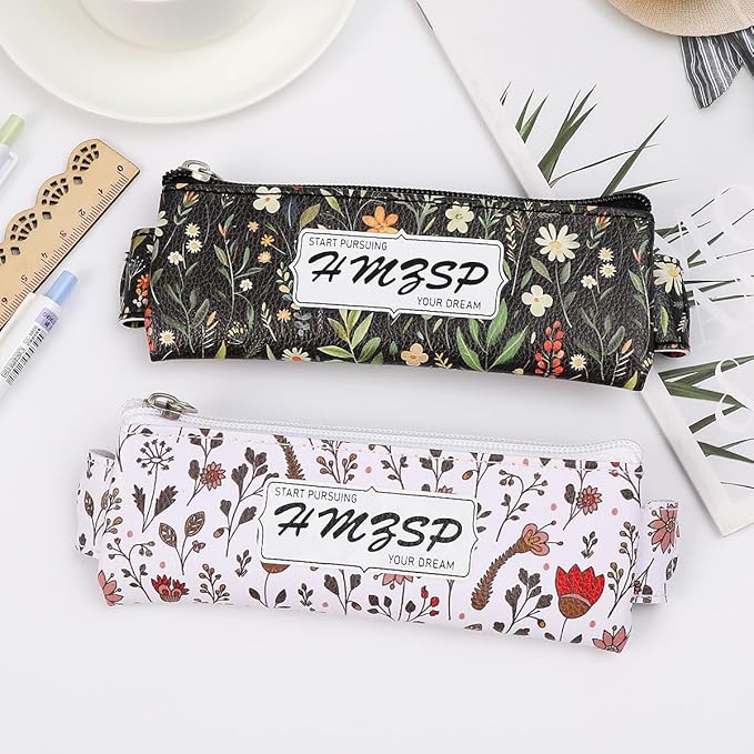 Adjustable Elastic PU Pen Holder for Notebook, Stationery School Supplies Zipper Bag for Journals, Book,Planners,Black Flower,2 PCS
