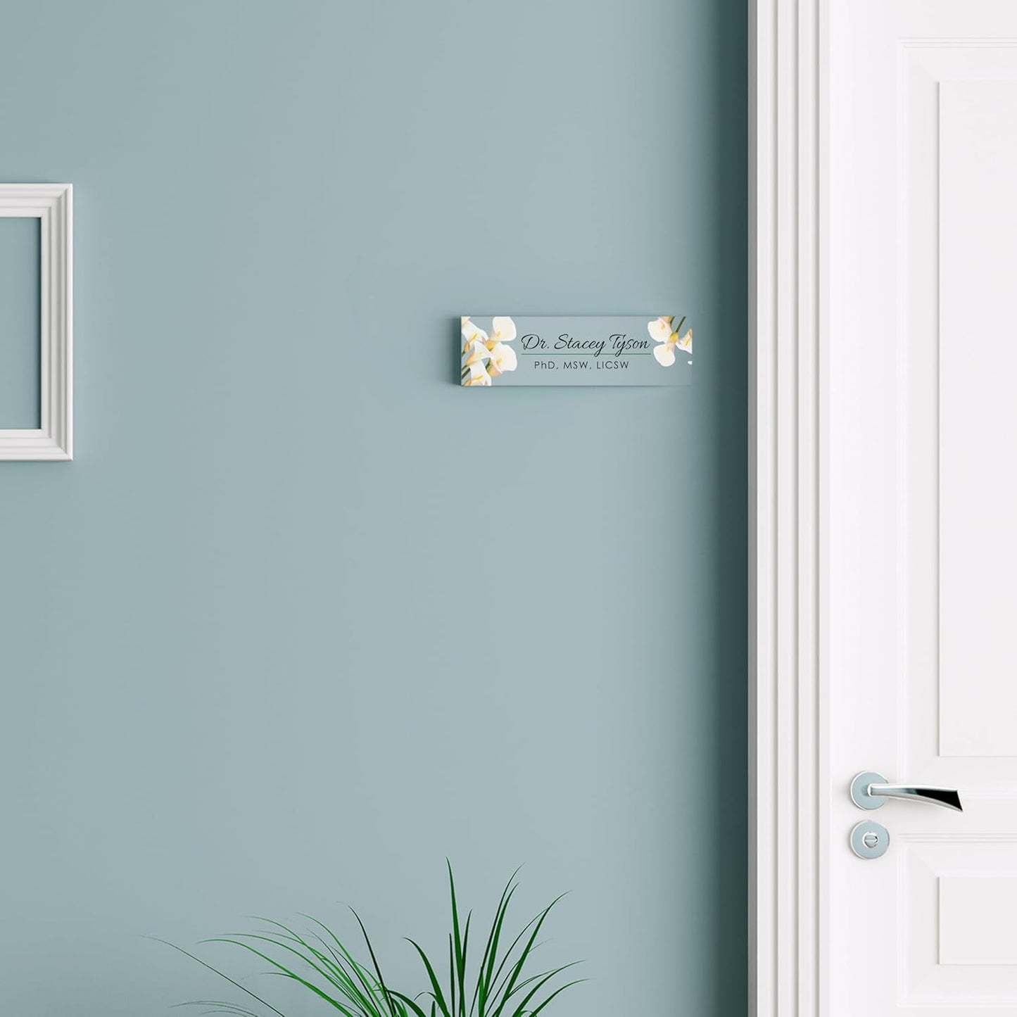 Artblox Personalized Office Desk Name Plate and Business Card Holder | Clear Acrylic Glass with Teak Wood Stand | Calla Flowers Design Customized with Your Name and Credentials Office Desk Decor