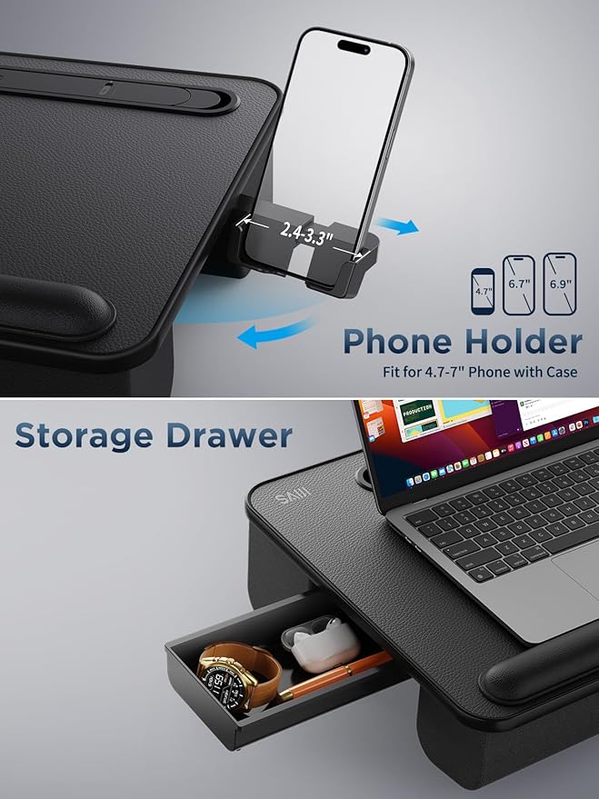 SAIJI Lap Desk with LED Light, Portable Laptop Tray with Cushion - Fits Up to 17" Laptops & MacBook, Lap Table Stand for Bed and Couch, Lap Desk for Writing and Reading