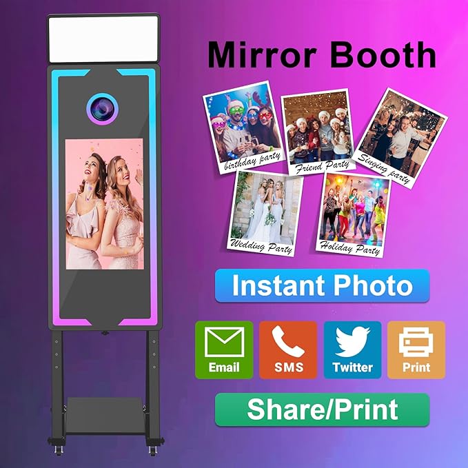 Mirror Photo Booth with Camera and Printer, 40" Magic Mirror Photo Booth, 22" Touch Screen Built-in Mini PC with Instant Print and Sharing, Music Sync Control RGB Light (White, 45-22" Full Set)