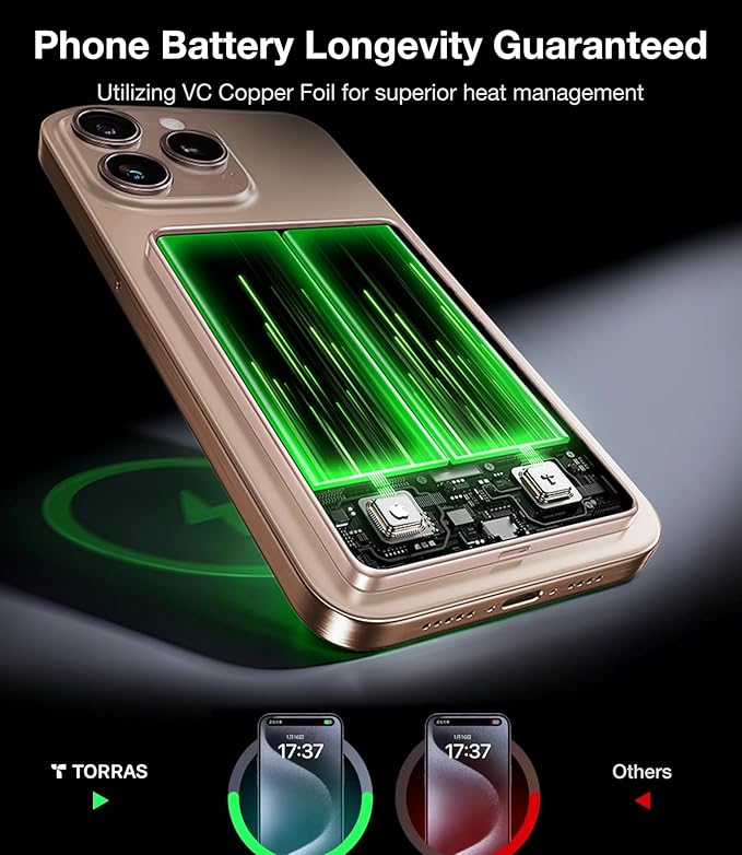 TORRAS MiniMag Power Bank, Ultra Slim 5,000mAh Wireless Portable Charger with USB-C Cable, Fast Charging iPhone Air MagSafe Battery Pack, Compatible Charger for iPhone 17/16/15/14/13/12, Desert Gold
