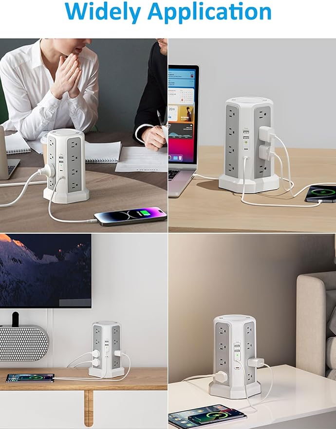 Surge Protector Power Strip with PD20W USB C,13A Thicker Extension Cord with Multiple Outlets 6FT Fararaka Tower Power Strip with USB Ports 2A2C,16AC,Office Supplies Dorm Essentials