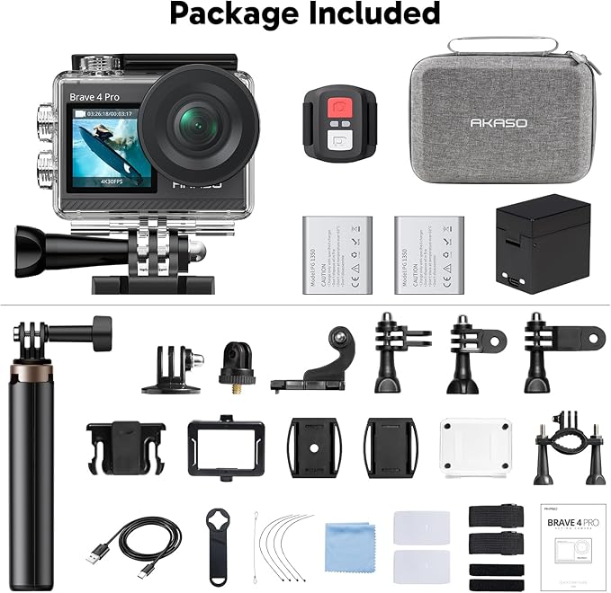 AKASO Brave 4 Pro Action Camera with Selfie Stick Tripod and Carrying Bag Bundle - 4K30 20MP Ultra Hd EIS 131ft Underwater Camera 5xZoom Touch Screen WiFi Remote Control with Helmet Accessories Kit