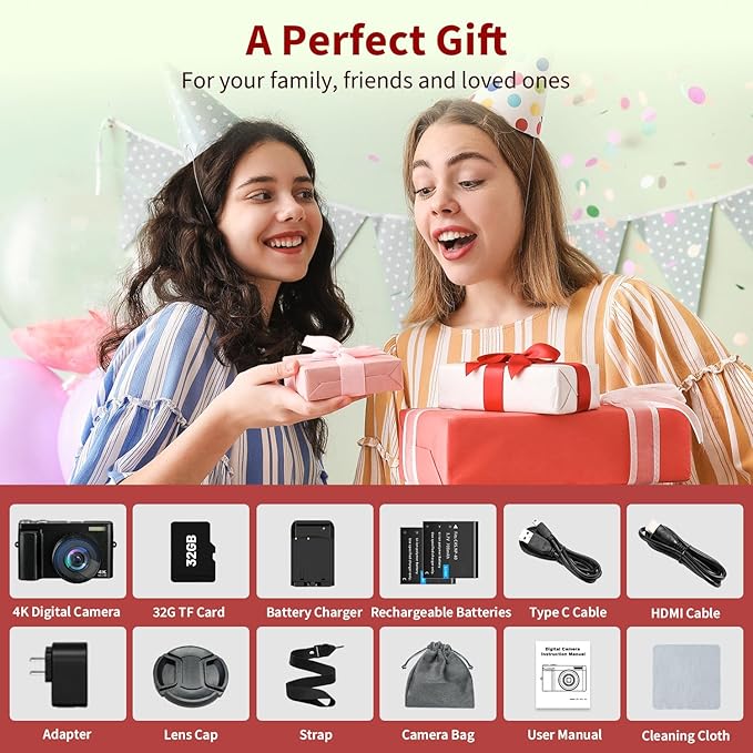 4K Digital Camera for Photography Autofocus, 48MP Vlogging With Flash Anti-Shake, 3'' 180 Flip Screen Compact Travel 16X Zoom for Teens With 32G Card, Battery Charger