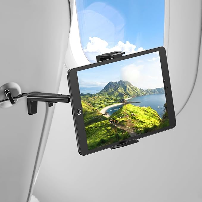 Airplane Tablet Holder Mount–Airplane iPad/Kindle/Phone Holder HandsFree Adjustable Mount for iPad & Tablets, Secure Travel Tablet Stand for Plane Seat Back, Fits 5.9"-9.8" Devices, Flight Accessories