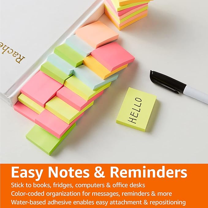 Amazon Basics Mini Rectangular Sticky Notes, 1.5x2 Inches, Bright Colors Self-Stick Pads, Easy to Post for Home, Office, Notebook, 70 sheets/Pad, Pack of 24