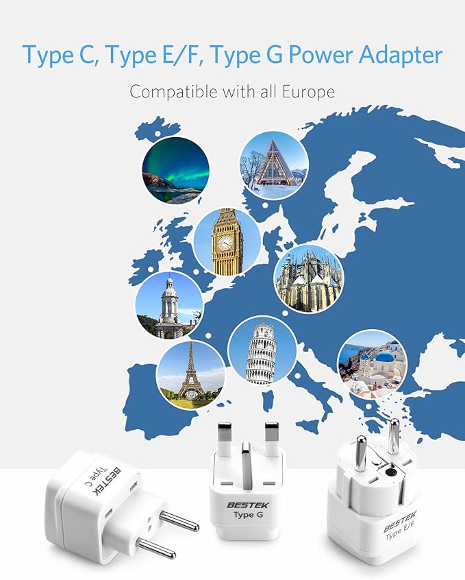 BESTEK European Travel Plug Adapter Set, Grounded Universal Power Plug Adapter for US to Type E/F, Type C, Type G Countries, UK, Germany, France, Italy, Spain, Ireland and All of Europe, 3 Pack