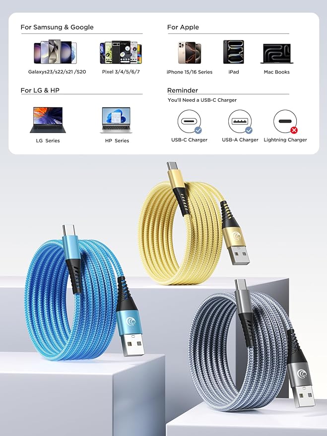 USB C Cable 10FT 3Pack Fast Charging Nylon Braided Long Type C Charger Cable for Samsung Galaxy S24 S23 S22 S21 S10 S9 S8 A02s A03s A11 A12 A13 A14 A21 A22 A32 A42 A53, Tablet, LG, Moto, TCL