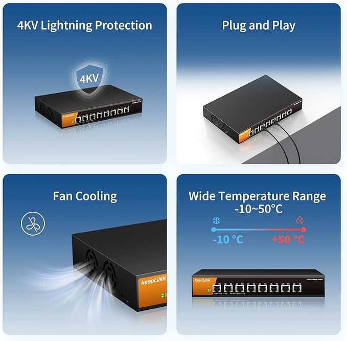 8 Port 10G Ethernet Switch Unmanaged, 8X 10G RJ45 Ports Support 10G/5G/2.5G/1000M/100M Auto-Negotiation, 160Gbps Switching Capacity, Desketop or Rackmountable Plug and Play Network Switch