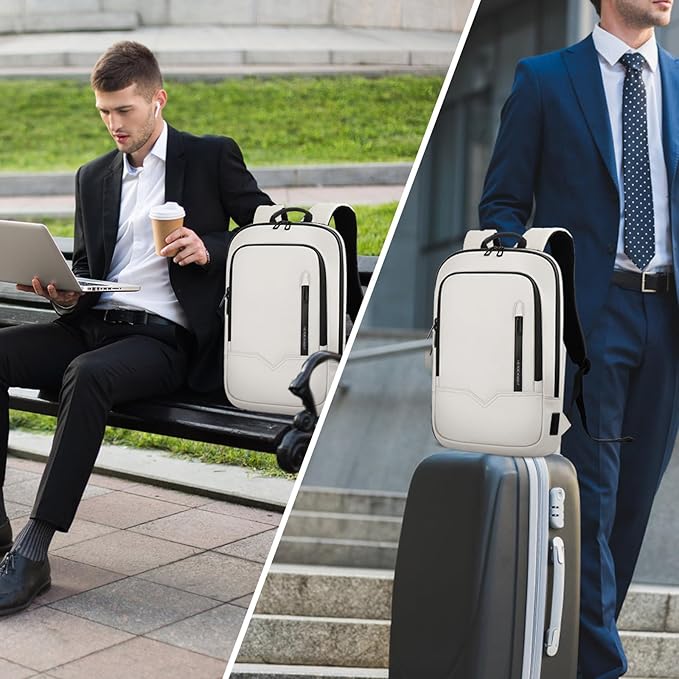 hk Backpack for Men Business Slim Backpack with USB Charger Computer Lightweight Anti-theft Travel (White, 17.3 Inch)