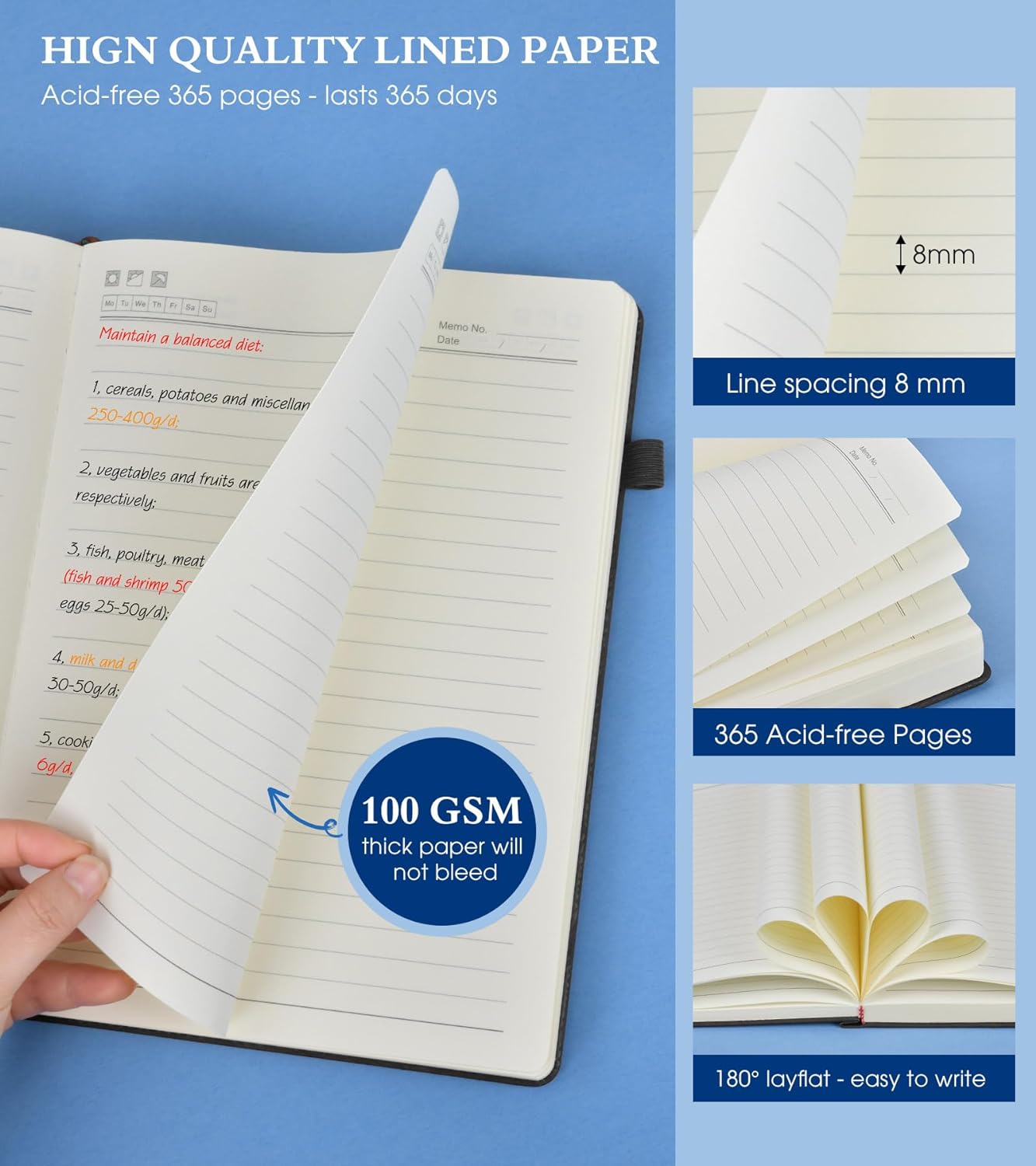 A5 Lined Journal Notebook - 365 Page Leather Journals for Writing Women & Men,Hardcover Notebook with 100Gsm Thick Pages,Daily Diary for Travel, Work,School,Note Taking,College Ruled (5.9" x 8.5")