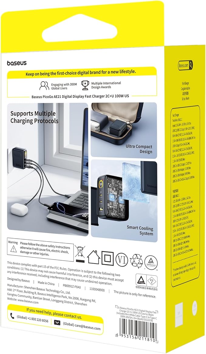 Baseus Picogo 100W USB C Charger, 3-Port Multi-Device Fast Charging Laptop Charger with Smart Display & Touch Control, GaN Power Adapter for MacBook Pro, iPhone 17/16, Pixel, Steam Deck, ROG Ally