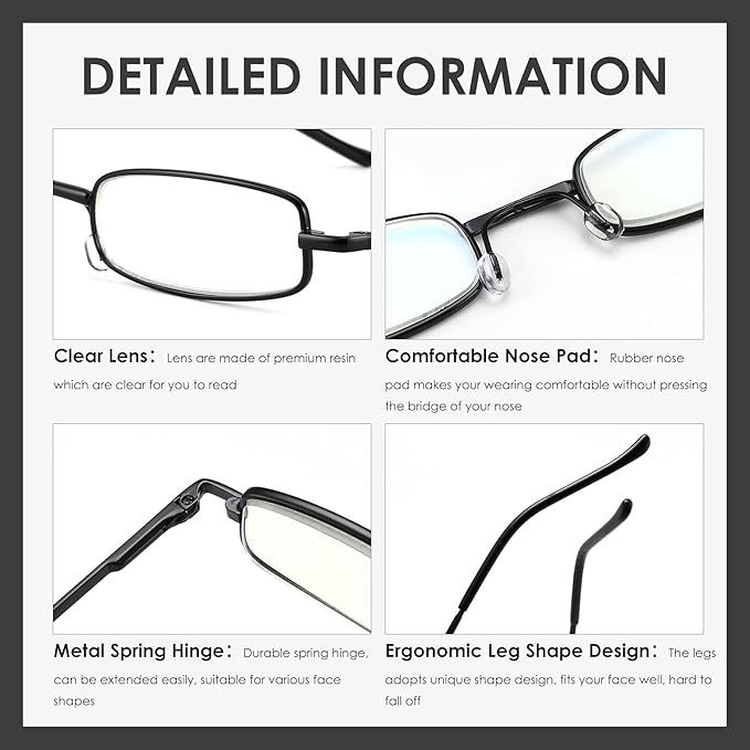 3 Pack Slim Pocket Reading Glasses for Men Women Blue Light Blocking Compact Readers Spring Hinge Metal Frame