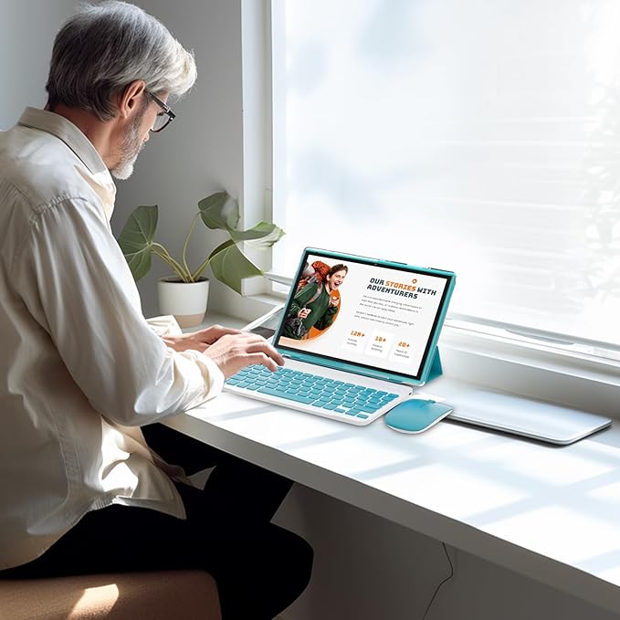 Android 15.0 10Inches Tablet, 18GB RAM+128GB ROM+2TB Expandable, Tab Set with Keyboard/Case/Mouse/Stylus, 2.0GHz Quad-core Processor, 1280 * 800 IPS HDScreen, 5G WiFi6 BT 5.0 (Blue)