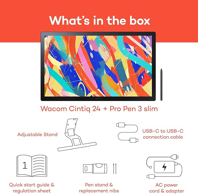 Wacom Cintiq 24 Drawing Tablet with Screen, 23.8" inch Display, Pro Pen 3 (Battery-Free), 100% sRGB Pen Display for Artists, Designers, Animation, Game Dev, Works with Mac, PC & Android