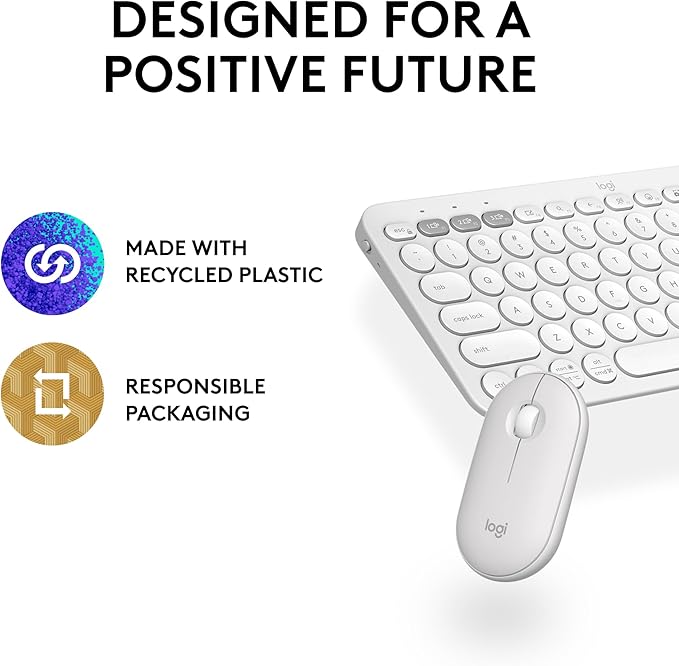 Logitech Pebble 2 Combo, Wireless Keyboard and Mouse, Quiet and Portable, Customizable, Logi Bolt, Bluetooth, Easy-Switch for Windows, macOS, iPadOS, Chrome - Tonal White