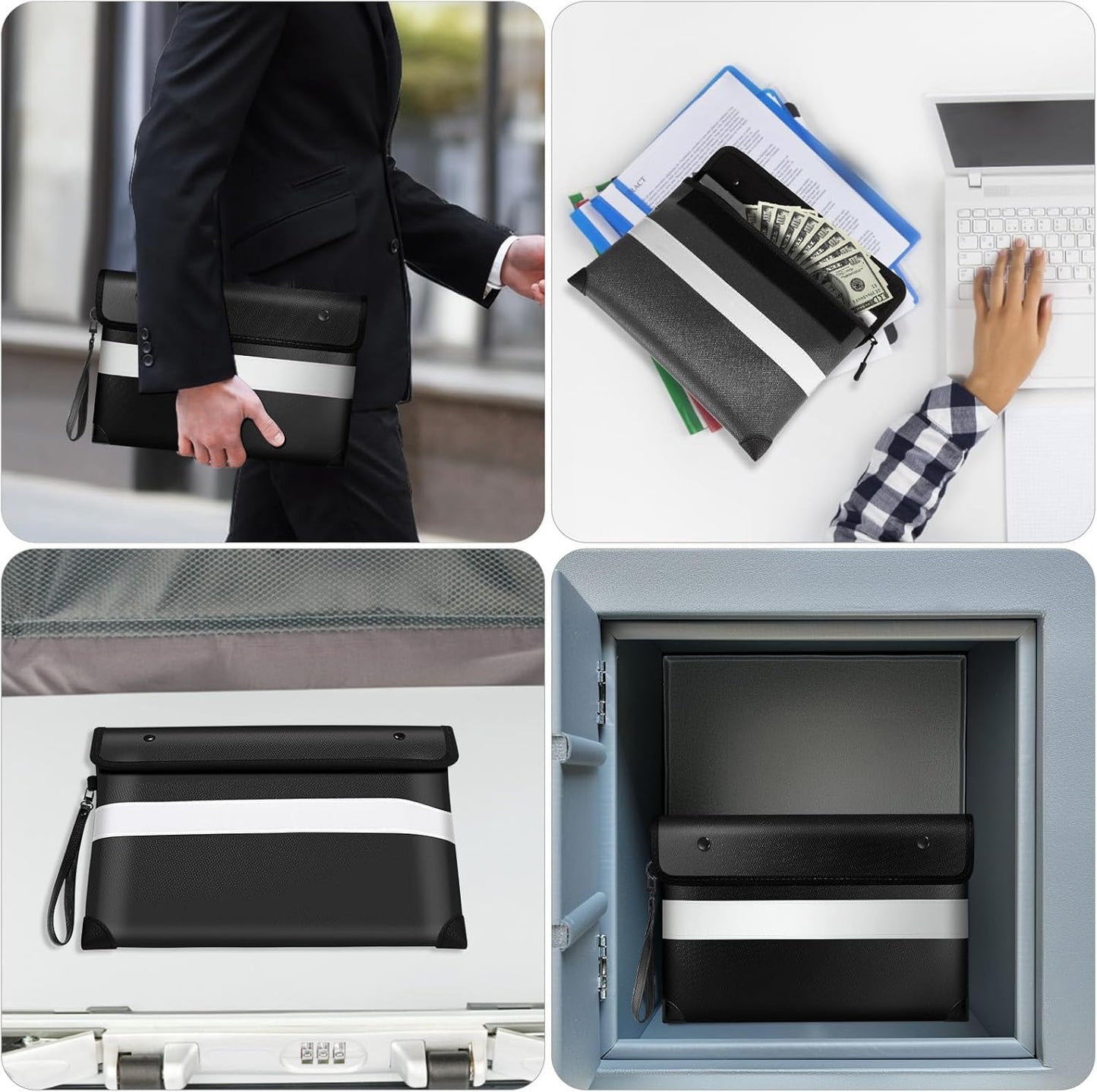 Vailoin 6200℉ Insulated Fire Proof Money Bag for Cash,Portable Waterproof Fireproof Document Bag with Reflective Strip,Fireproof Envelope for Cash,Important Documents,Valuables(11"x7.7", Black)