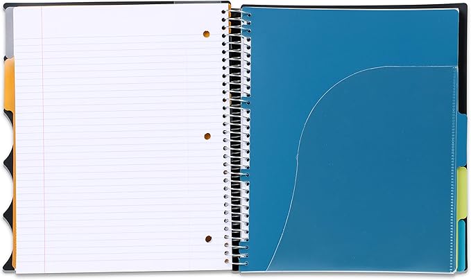 Mintra Office Durable PREMIUM Spiral Notebook, ((Black, 5 Subject, 8.5in x 11in)), Fabric Covered Coils, No Snags, Removable Adjustable Pocket Dividers, Ruler, Organization, Customizable