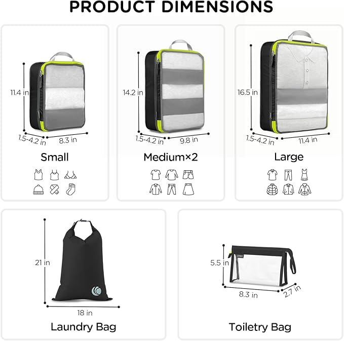 Cipway Compression Packing Cubes, See Through Mesh Luggage Organizer Bags, Travel Essentials for Carry on Suitcase with Laundry Bag and Clear Toiletries Bag(6Pcs,Black)