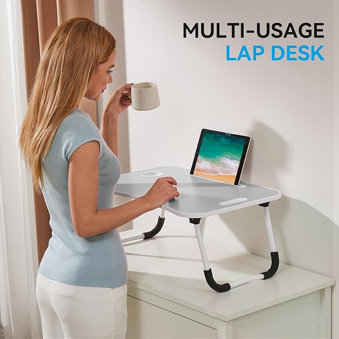 BUYIFY Folding Lap Desk, 23 Inch Portable Wood Grey Laptop Bed Desk Lap Desk with Cup Holder, for Working Reading Writing, Eating, Watching Movies for Bed Sofa Couch Floor