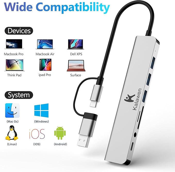 Kalawen USB C Hub USB Hub 3.0, Aluminum 8 in 1 USB Splitter with 1 x USB 3.0, 3 x USB 2.0 and 1 x USB C, SD/TF Card Reader, 3.5mm Aux Ports for MacBook/Pad Pro Laptop Devices