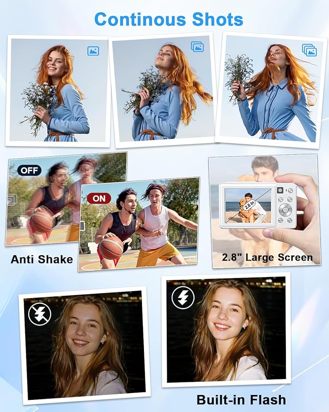 Digital Camera, 4K 64MP Cameras for Photography, Point and Shoot Digital Camera with Auto Focus, Dual Camera, Flash, 16X Zoom, Anti Shake, 32GB Card, Compact Vlogging Camera for Teens, Adults