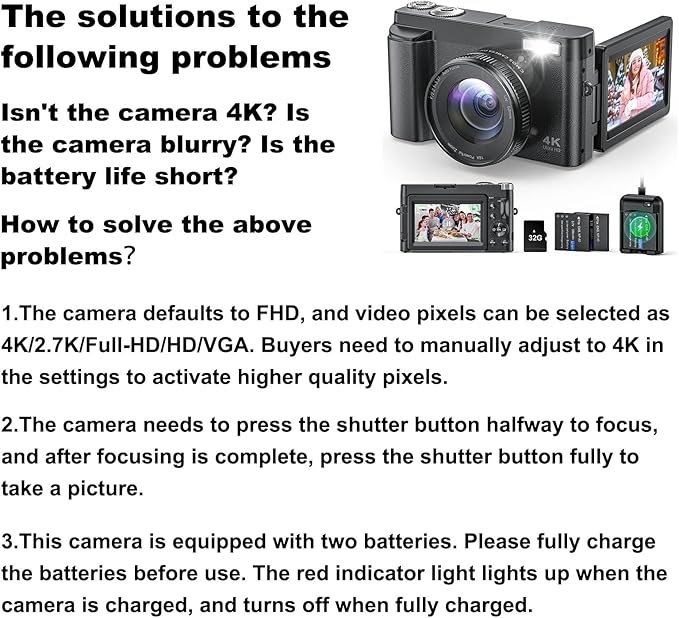 4K Digital Camera for Photography and Video, Autofocus Anti-Shake 48MP Vlogging Camera for YouTube, 3'' 180°Flip Screen Camera with Flash 16X Zoom, Digital Camera with 32GB Card Battery Charger Black
