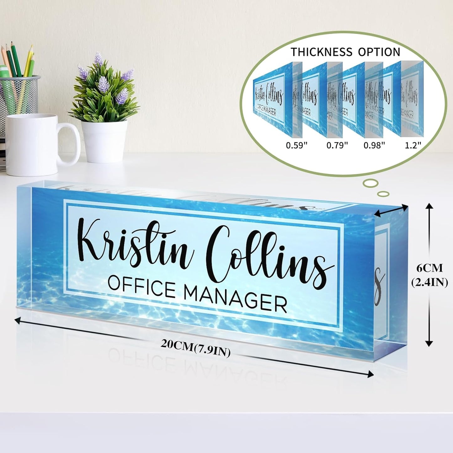 Custom Name Plate for Desk, Acrylic Office Decor For Women Men, Personalized Office Desk Accessories, Teacher Employee Appreciation Gifts For Social Worker Boss Coworkers (Sea)