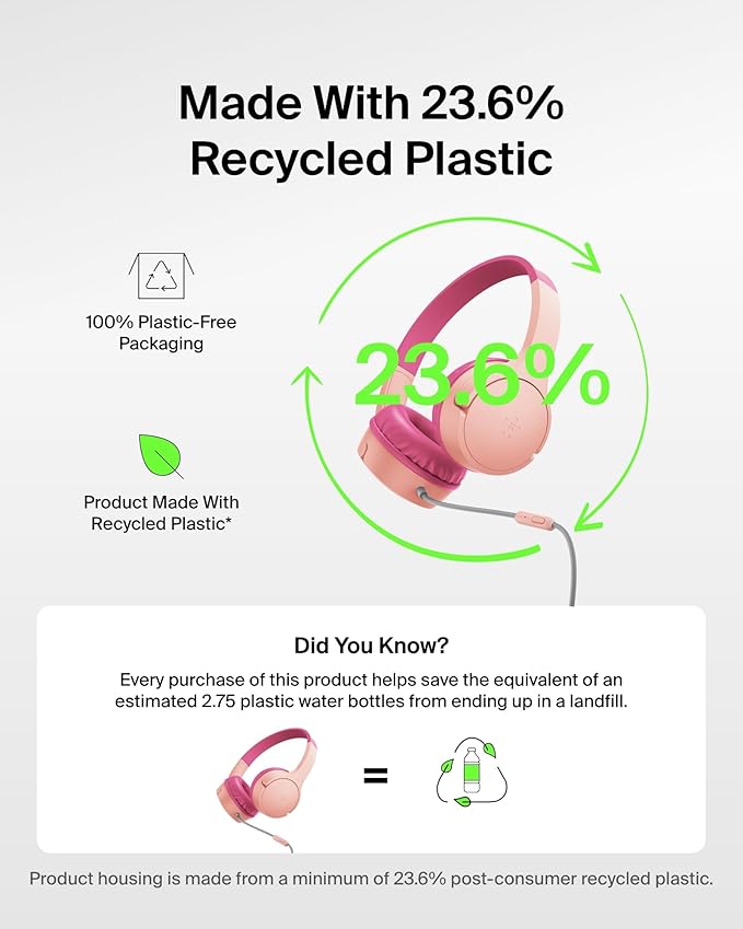 Belkin SoundForm Mini Kids Wired Headphones w/USB C to 3.5mm Dongle, Built-in Mic & Fun Stickers, 85dB Max Volume – for Online Learning, Travel, Compatible w/iPhone 16, iPad, Galaxy S25, etc - Pink