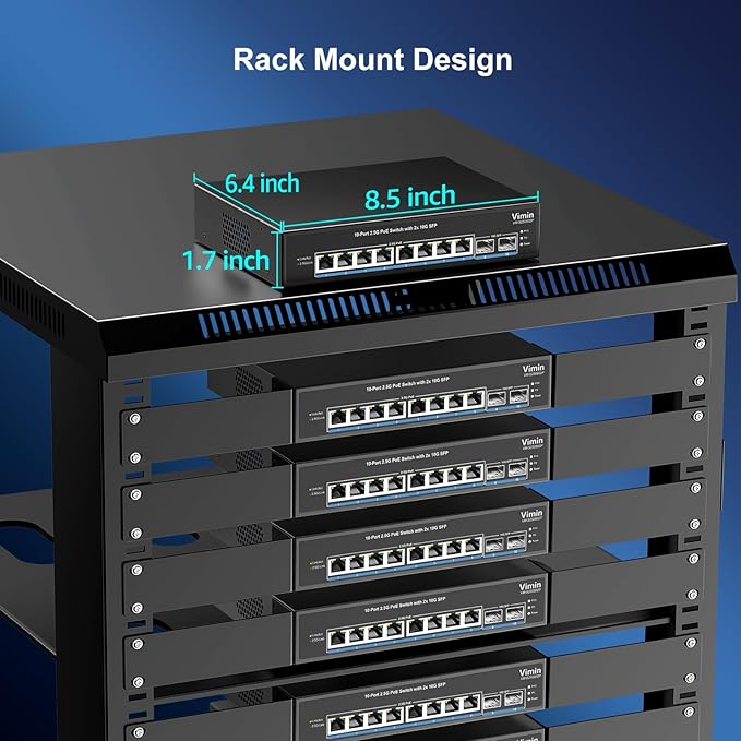 8 Port 2.5G PoE Switch Unmanaged, VIMIN 10x 2.5G Base-T PoE Switch, 2X 10G SFP PoE Switch IEEE802.3af/at, 80Gbps Ethernet Switching Capacity, 150W Switch for 2.5Gb NAS/PC, Metal Housing, Fanless