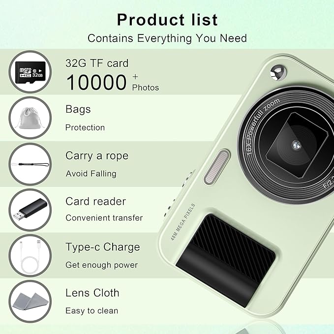 Digital Camera, Student Cameras with 32GB Card. Autofocus 48MP Point and Shoot Digital Cameras, 16X Zoom Anti-Shake Vlogging Camera, Compact Small Cameras for Boys Girls Teenagers
