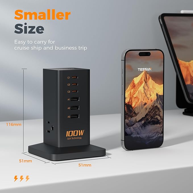 Charging Station PD 100W, TESSAN 9-in-1 USB C Power Strip for iPhone 16/15, MacBook, Tablet, Desktop Phone Fast Charger with 3 AC, 3 USB-A Ports, Home Drom Office Accessories