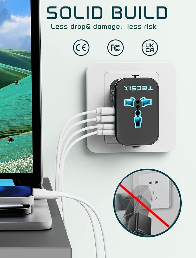 Universal Travel Adapter Worldwide, TECSIX European Travel Plug Adapter with 2 USB C, 2 USB A and Multi AC Outlets, International Power Converter for EU US UK AUS 200+ Countries Type A C G I