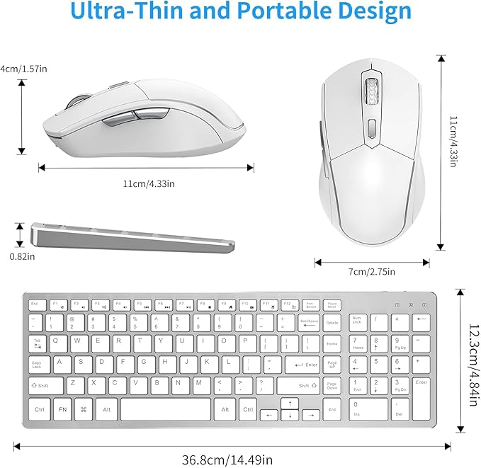 Wireless Keyboard Mouse Combo - Rechargeable, Quiet, Compact Design with Number Pad, 2.4 GHz USB Receiver, Slim Keyboard and Ergonomic Mice Set for Windows Computer Desktop PC Laptop -Silver White