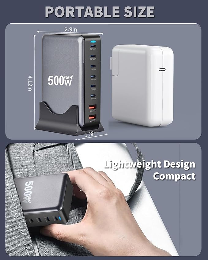 500W USB C Fast Charging Station Hub, 8 Port Multi USB C Charger Block GAN III Fast Charging Brick Charger for Multiple Devices 100W PD3.0 PPS Compatible with MacBook Pro/Air/iPad iPhone 16/15/14/13