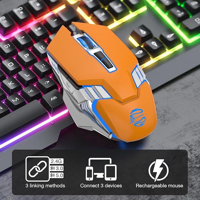 Bluetooth Wireless Gaming Mouse, 2400 DPI, RGB Backlit, Rechargeable Cordless Computer Mouse for Laptop PC Mac Macbook Air/Pro iPad Chromebook Office Gamer - Orange