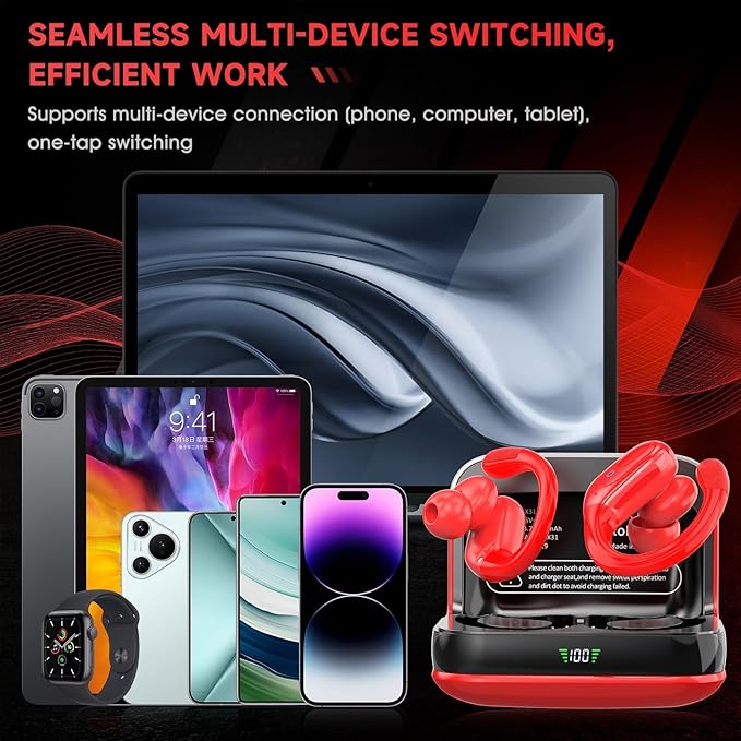 Wireless Earbuds Bluetooth 5.4 Headphones, Noise Canceling Ear Buds with 75hr Playtime, LED Power Display, IPX7 Waterproof Earphones Over-Ear Earphones for Sports/Workouts - Red