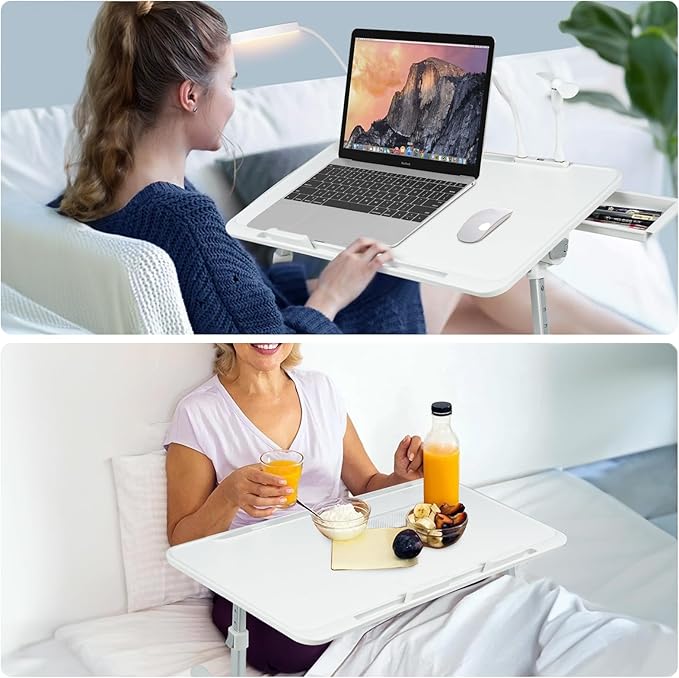 Laptop Lap Desk with Cooling Fan - Adjustable with Light, USB, Storage Drawer - Folding Bed Desk,23.62"*15.74",Grey