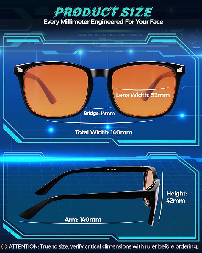 2 Packs Professional Sleep Glasses with 98.7% Blue Light Blocking Dual AR Coatings Amber Lens, Computer Gaming Glasses for Men Women, Anti Fatigue & Eye Strain