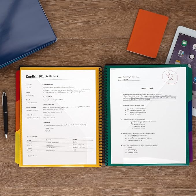 Samsill Deluxe 24 Pocket Spiral Project Organizer with Inner Zipper Pouch, Customizable Front Cover, 12 Dividers with Erasable Write-On Tabs in Assorted Colors, Plastic Folders with Pockets